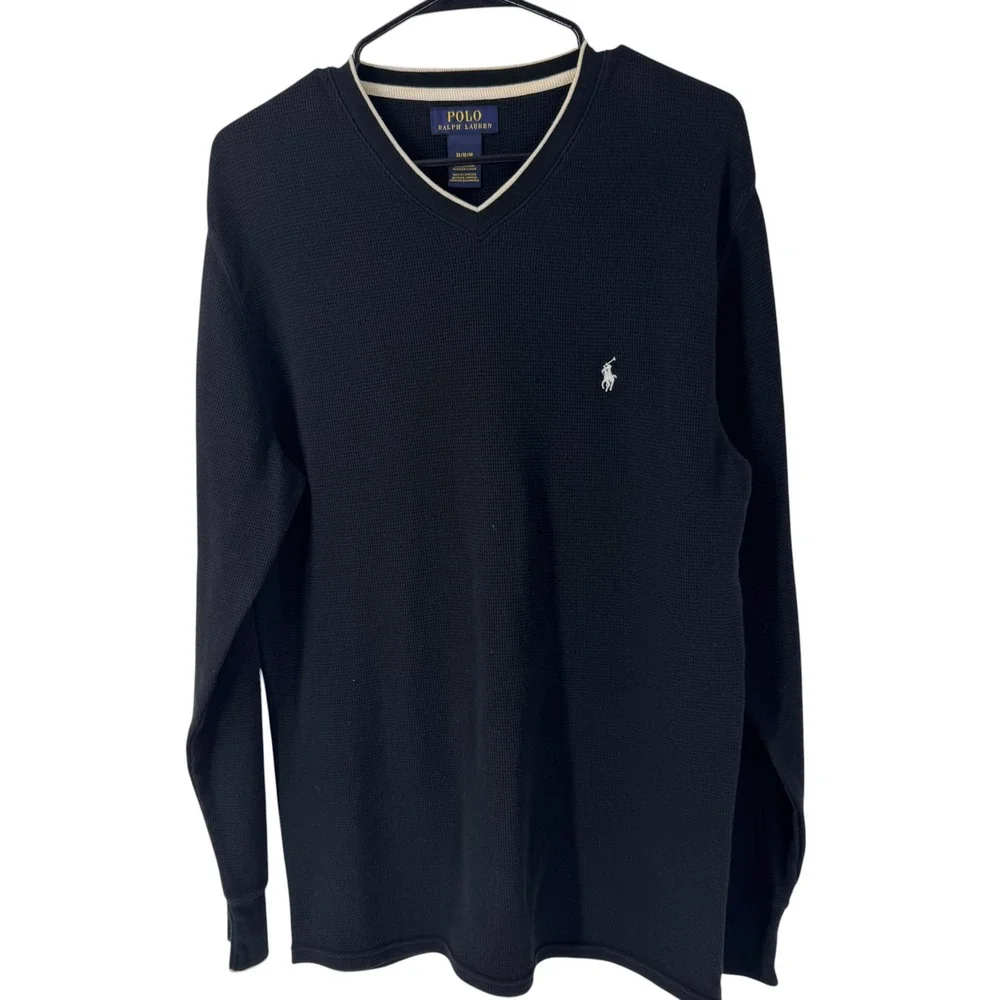 Polo Ralph Lauren Mens Navy Blue Waffle Knit V-Neck Thermal Shirt Size Medium